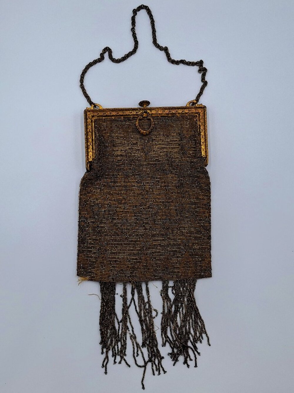 Antique Beaded French Gold Gilt Frame Purse Handbag with Mirror Victorian Era